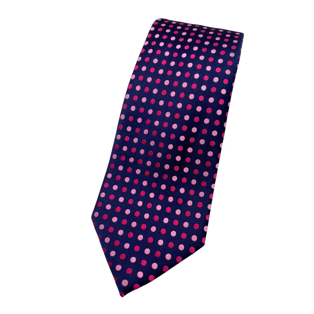 Geoffrey Beene Mens Tie Navy Blue Pink Polka Dot Silk Necktie 100% Silk NWOT